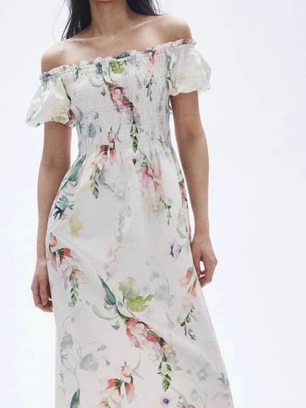 H&M White Floral Off-Shoulder Maxi Dress